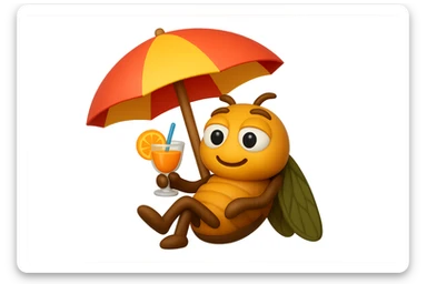 EMOJI STILE IPHONE 3D DI UNA CICALA CHE STA RILASSATA SEDUTA SOTTO L'OMBRELLONE IN SPIAGGIA CON UN COCKTAIL IN MANO, FAGLI GLI OCCHI CON LA PARTE BIANCA, NON SOLO LA PUPILLA sticker