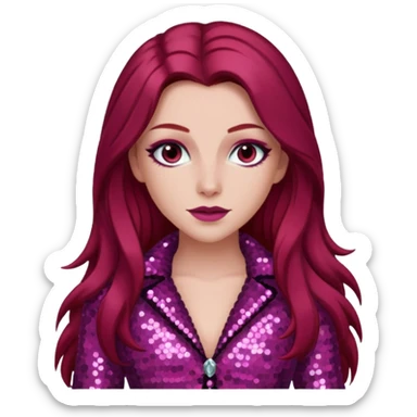 Chappell Roan (b.1998) with long dark red hair, dark pink sequin outfit, makeup sticker