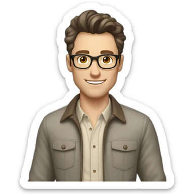 Joyful Pale skinned Fit Man With dark brown hair in gray jacket, beige office shirt, Brown pants and vintage glasses. His thrumbs up sticker