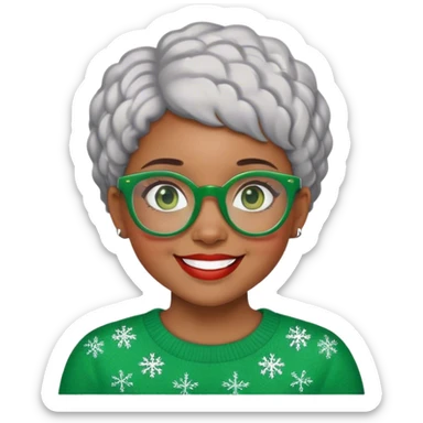 Light skinned Black girl with green glasses short natural gray haircut celebrating Christmas sticker