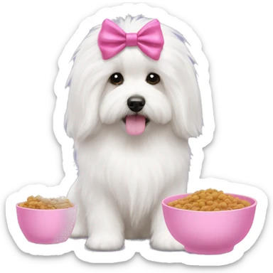 Long haired Coton de Tulear dog with pink harness and pink hair bow, pink dog bowl with kibbles sticker