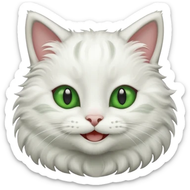 Realizar emoticonon de gato blanco con gris solo carita sonriendo muy feliz ojos grandes de color verde sticker