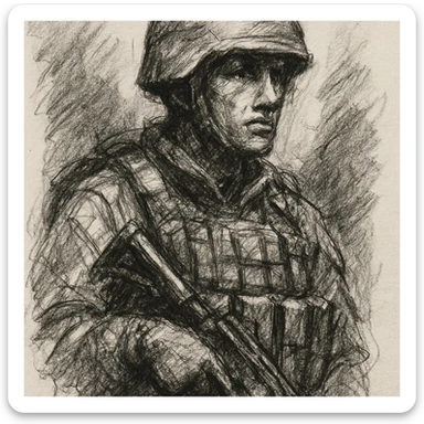 hand-drawn sketch style soldier with gun, chest rig, backpack, and helmet sticker