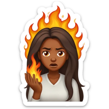 African American woman with long hair, frustrated face expression, with her hair on fire sticker