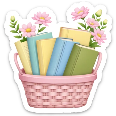Pastel pink pastel yellow pastel blue and matcha colored books in a basket with flowers sticker