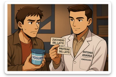 fai un webtoon manga a colori con questo stile, in cui un uomo ASCOLTA Il kinesiologo con il camice bianco (fagli anche la scritta "ANTONIO ANANIA" SUL CAMICE, IL KINESIOLOGO SPIEGA ALL'UOMO UNA COSA TENENDO DUE FOGLIETTINI IN MANO, UNO CON LA SCRITTA "ZUCCHERO DEL LATTE" E UNA CON LA SCRITTA "PROTEINE DEL LATTE". L'UOMO OSSERVA LO YOGURT CHE HA IN MANO CON ESPRESSIONE DUBBIOSA IN VOLTO. non fare i fumetti però, fai solo in modo che sembri stiano parlando sticker