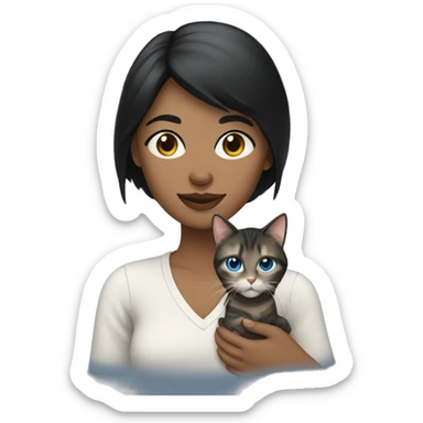 woman with black hair and blue eyes holding a tabby cat sticker