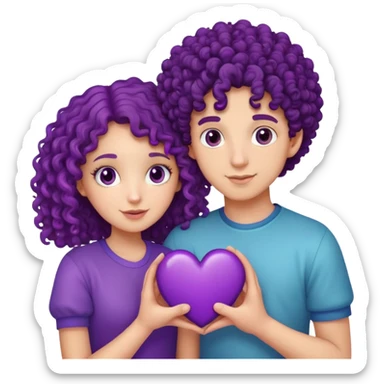 A curly haired girl and boy holding together a purple heart  sticker