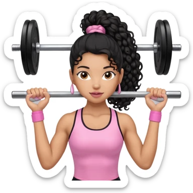Mixed-race athletic woman with caramel skin, long black curly hair in a ponytail, lifting a pastel pink barbell sticker