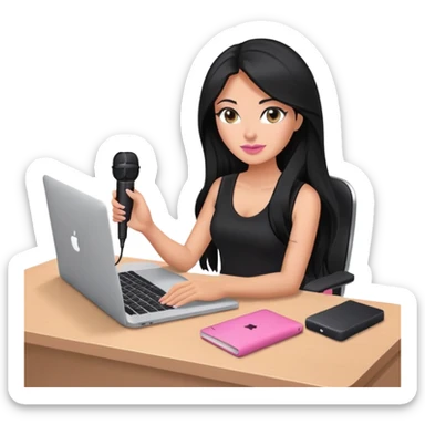 tanned long black hair woman, sat at desk with pink MacBook and  podcast microphone black top and pink, sexy sticker