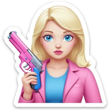 curvy pale Blonde girl with blue eyes holding a pink gun sticker