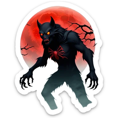 Icon for Horror Movies: A chilling collage with a monstrous werewolf or vampire, dark silhouettes, eerie graveyards, and creepy elements like spiders and tombstones. Ghostly fog surrounds, with a blood-red moon in the sky. The atmosphere is unsettling, eerie, and haunting. Transparent background. sticker