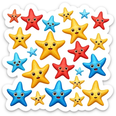 Cartoon-style starfish emoji set with big expressive eyes, showing emotions: happy, sad, angry, surprised, scared, in love, confused, excited, bored, embarrassed. Vibrant colors, soft texture, clean background. sticker