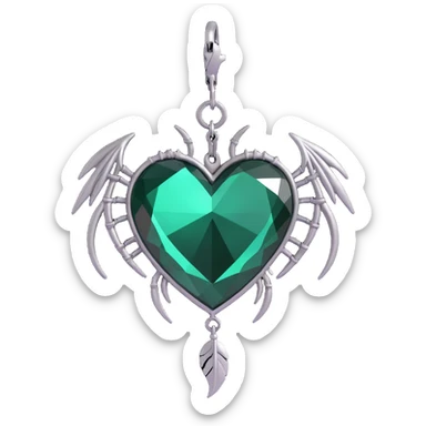 3D emoji gothic heart, dark emerald crystal, silver spider charm, feather accents sticker