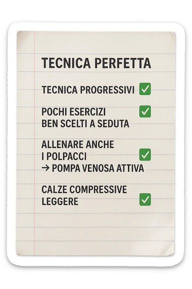 FOGLIO DI CARTA PER L'ALLENAMENTO IN PALESTRA CON LA SCRITTA "Tecnica perfetta
 ✅ Carichi progressivi
 ✅ Pochi esercizi ben scelti a seduta
 ✅ Allenare anche i polpacci → pompa venosa attiva
 ✅ Calze compressive leggere" , IPERREALISTICA 4K sticker