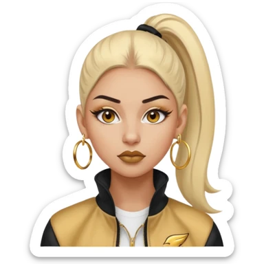 “Emoji girl, fierce confident expression, sharp winged eyeliner, bold brows, matte nude lips, long lashes, sleek high ponytail, wearing gold hoop earrings and sporty streetwear jacket.” sticker