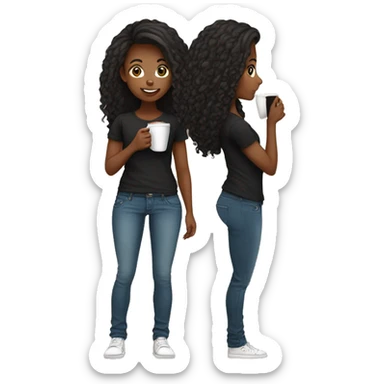 African American female with long hair talking on cellphone and holding a coffee wearing black shirt and jeans full length chibi sticker