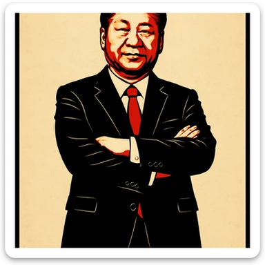 bold poster-style illustration, man resembling Xi Jinping, full body, arms crossed, black suit, red tie, centered, neutral background sticker
