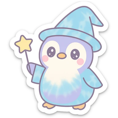 Change the penguin wizard's hat and robe to a tie-dye pattern in light blue and light violet. Make the end of the wand a star. Keep the style cute and magical, with no background. sticker