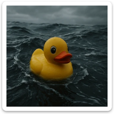 Extreme Closeup shot of Yellow duck toy on ocean during cloudy day, stormy sea, Camera from top, inspired by interstellar, shot by camera alexa 65, 35mm lens sticker