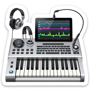 Create a professional and artistic emoji that represents writing music tracks. The design should feature a digital audio workstation (DAW) screen with visible waveforms, a MIDI keyboard, and a high-quality microphone to symbolize the tools used in music production. Add elements like studio headphones and an audio interface to reflect the technical aspects of creating a track. Use sleek, modern colors like silver, black, and neon accents to convey the professional environment of music composition. The background should be transparent. sticker