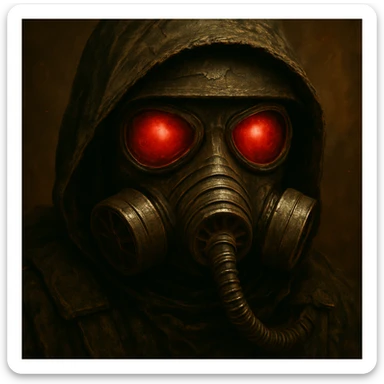Add a helmet and zoom in on the face of the post apocalyptic soldier wearing a gas mask with red eyes, keep the gritty style, detailed and intense atmosphere. sticker