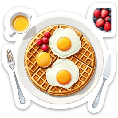 Brunch spread with waffles, eggs, and fruit on a table sticker