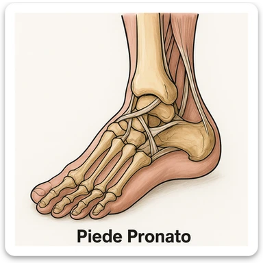 Anatomical illustration of a pronated foot, detailed bones and soft tissue, medical style, neutral background, 3/4 view, inspired by the reference image. sticker
