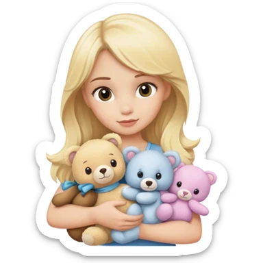 bashful blonde model holding a pile of cute stuffed animals sticker