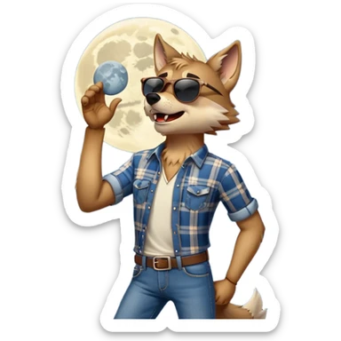 friendly anthropomorphised wolf in jeans and plaid shirt, wearing dark sunglasses, howling with the moon in the background, dynamic pose sticker