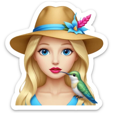 bust woman long blonde hair blue eyes white skin with hummingbird hat and nectar glow lips sticker