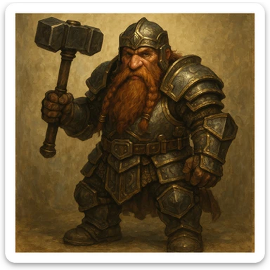 a dwarf warrior in armor holding a hammer in a fantasy style sticker