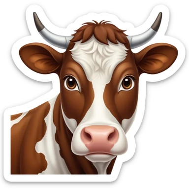 cinematic-noble-brown-and-white-cow-portrait-emoji,-poised-and-regal,-with-a-large,-sturdy-build-and-a-beautifully-patterned-hide-of-rich-brown-accented-by-crisp-white-patches,-deep-set-soulful-brown-eyes,-simplified-yet-sharp-and-sophisticated sticker
