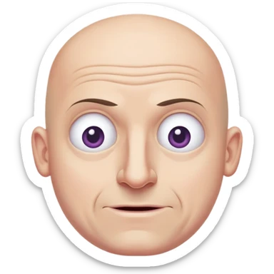 Steven Miller, bald, pronounced grimace, narrow rectangular head, bottom lip sticking out, eyelids almost closed and lower on the outside sticker