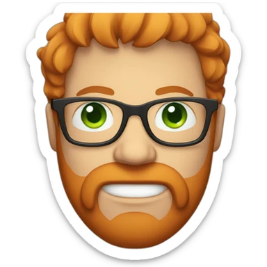 A red-haired fat guy with green eyes and withglasses and a beard sticker
