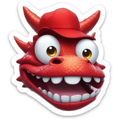 Crazy funny red dragon head with human white teeth and beautiful smile wearing glasses and hat sticker