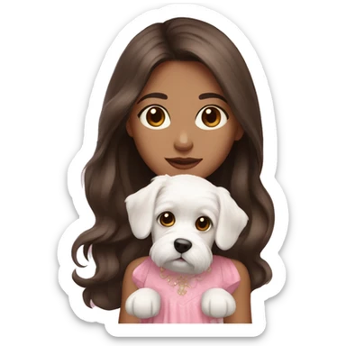 Darkbrown long hair brown eyes girl with maltese puppy with pink dress sticker