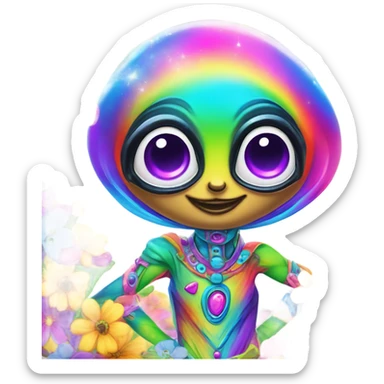 Lisa frank rainbow alien with big oval head and big black eyes with flowers sticker