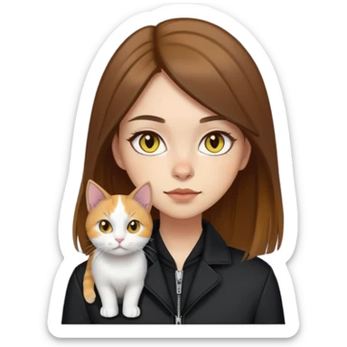 Light-skinned girl with brown straight hair wearing a black jacket, with a white cat with yellow eyes and a calico cat sticker