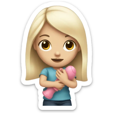 white girl with black hair playing with doll sticker