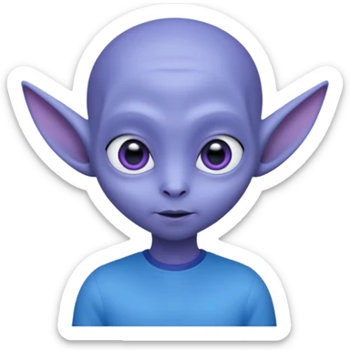 Portrait of an cute alien with smooth purple-blue skin, large black oval eyes, small nose, and visible ears, elongated head, front-facing, wearing blue t-shirt, soft glow, simple futuristic design sticker