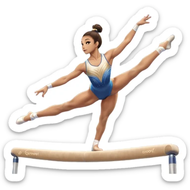 An acrobat performing a dynamic move on the balance beam, rings, or parallel bars, showcasing strength and precision. The acrobat is in mid-action, gracefully balanced, with a focused expression. The background features a professional gymnastics gym with bright lights and a cheering crowd sticker