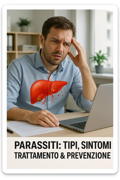 Man sitting at office desk experiencing subtle symptoms of liver dysfunction, upper abdominal pain, nausea, and unexplained fatigue Parasites: Types, Symptoms, Treatment & Prevention, expression of confusion about vague health issues, liver shown in transparent overlay with early inflammation, toxins beginning to accumulate in bloodstream, productivity declining as liver struggles to filter properly in italiano sticker