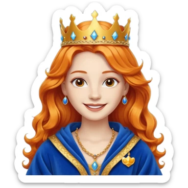young queen white skin, long wavy orange hair, bright smile, wearing crown and blue robe emoji sticker