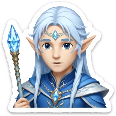 Legendary fantasy Christmas elf portrait icon, Santa Claus and Snow Maiden inspired, ancient winter spirit style, long flowing white-blue hair, glowing frost eyes, crystal staff, elegant elven features, divine winter magic aura, icy silver color palette, highly detailed but clean emoji icon male sticker