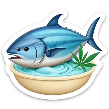 bluefin tuna in a gelato with cannabis leaf sticker
