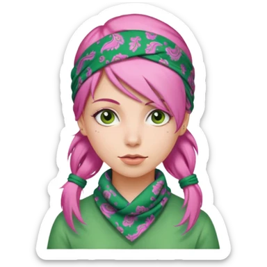 woman with a green paisley bandana and pink hair sticker