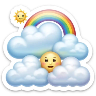 3d rendering, isolated, opalescent pearlescent colored, perfectly shaped, soft fluffy clouds, with a soft buttery sun shape and a small rainbow behind, dpi 300, 8k sticker