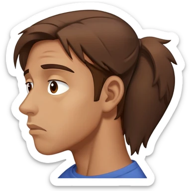 a man with brown hair staying in a
full height in profile with anxiety and begging face with a broken heart sticker