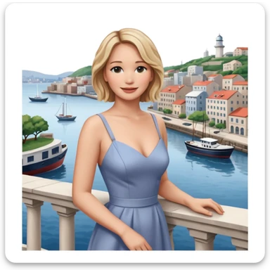 jennifer lawrence, closeup portrait , leaning on a balcony with a harbor and cityscape in the background, smiling sticker